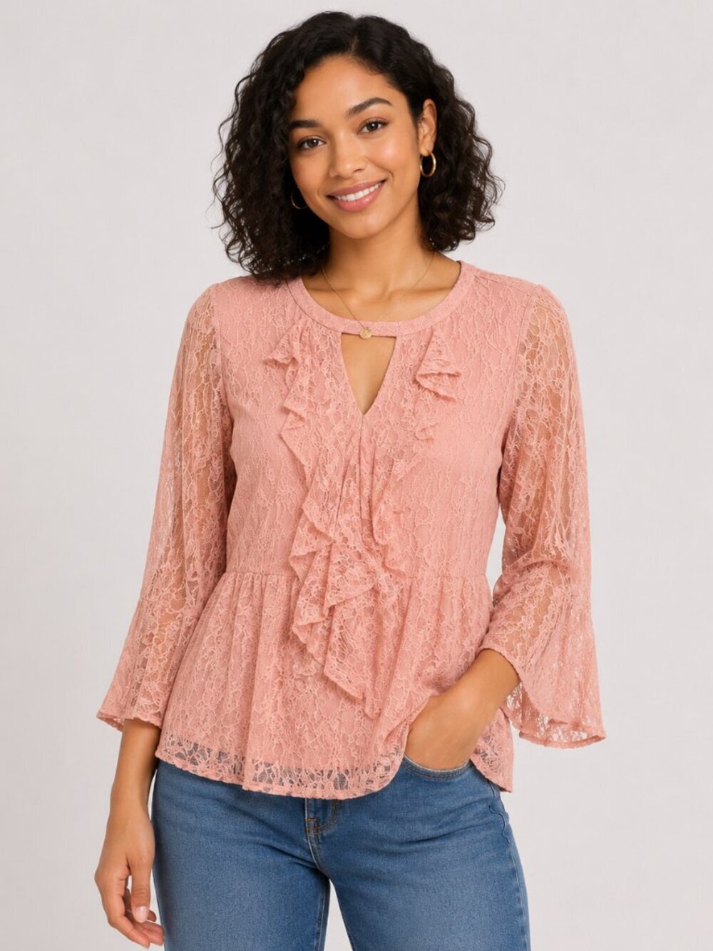 Pink Lace Whimsical Ruffle Sheer Long Sleeve Coquette Girl Blouse Size 12